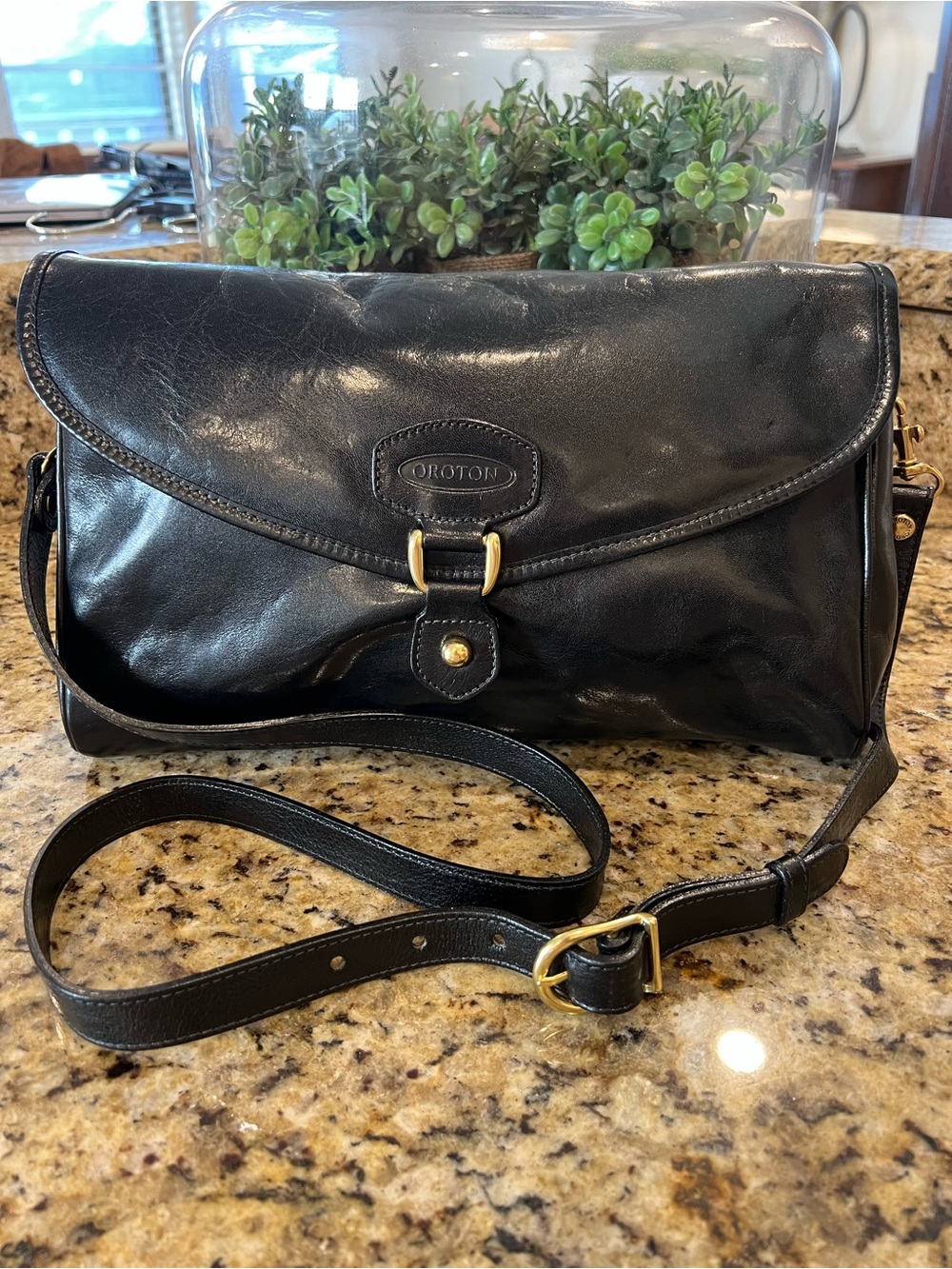 Oroton Black Leather Flap Crossbody with Gold Hardware
